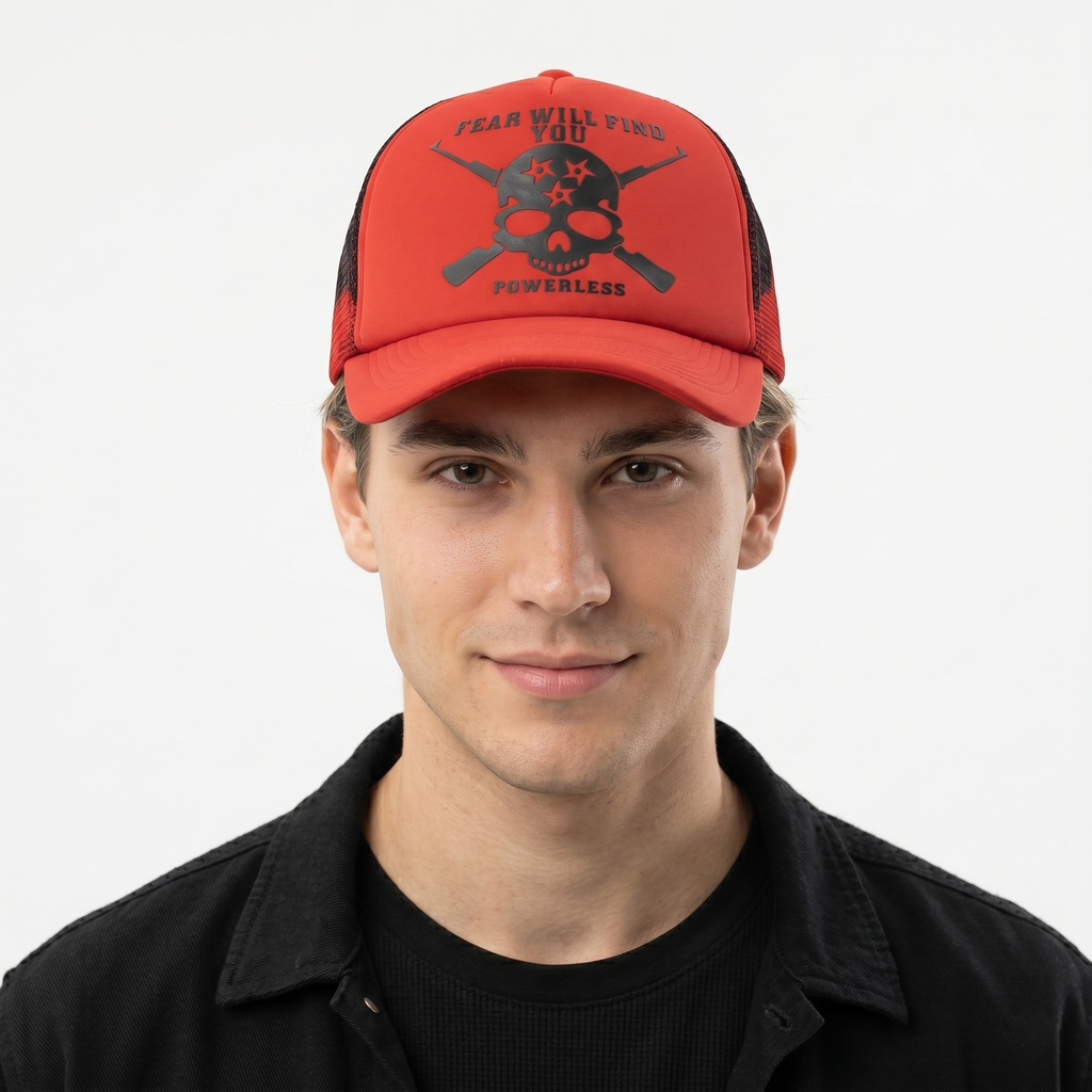 Vintage Phieniac Gothic Skull Graphic Cap - Red Mesh Back Trucker Hat