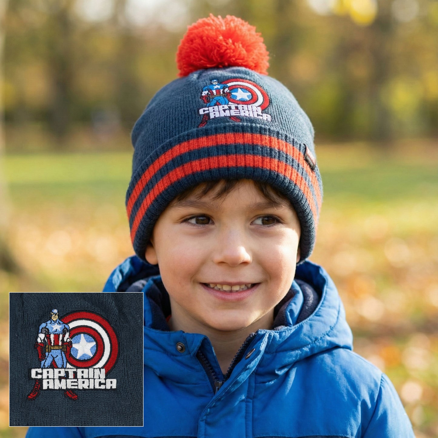 Captain America Thrifted Winter Hat - Embroidered Marvel Superhero Beanie with Striped Cuff