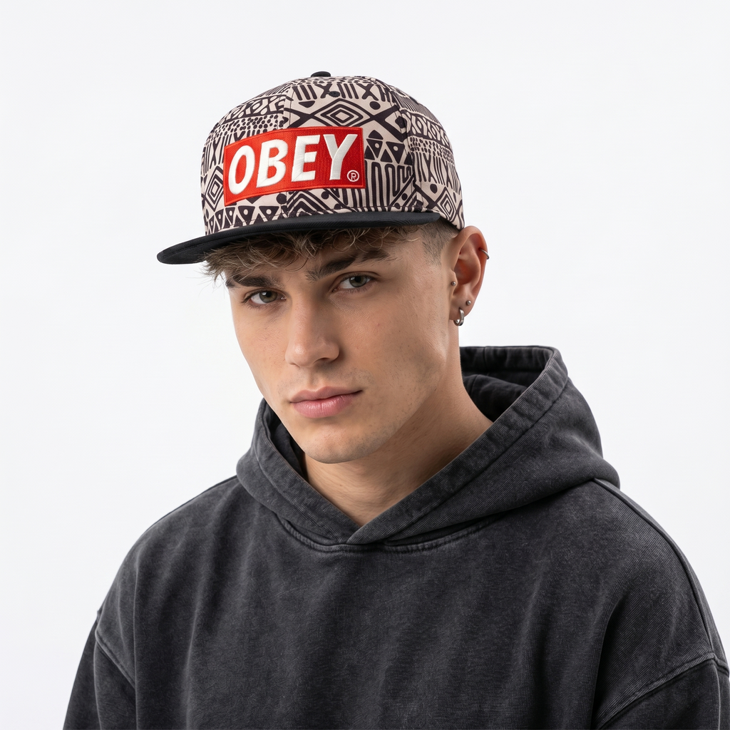 Thrifted Obey Geometric Aztec Print Hat | Black Flat Brim