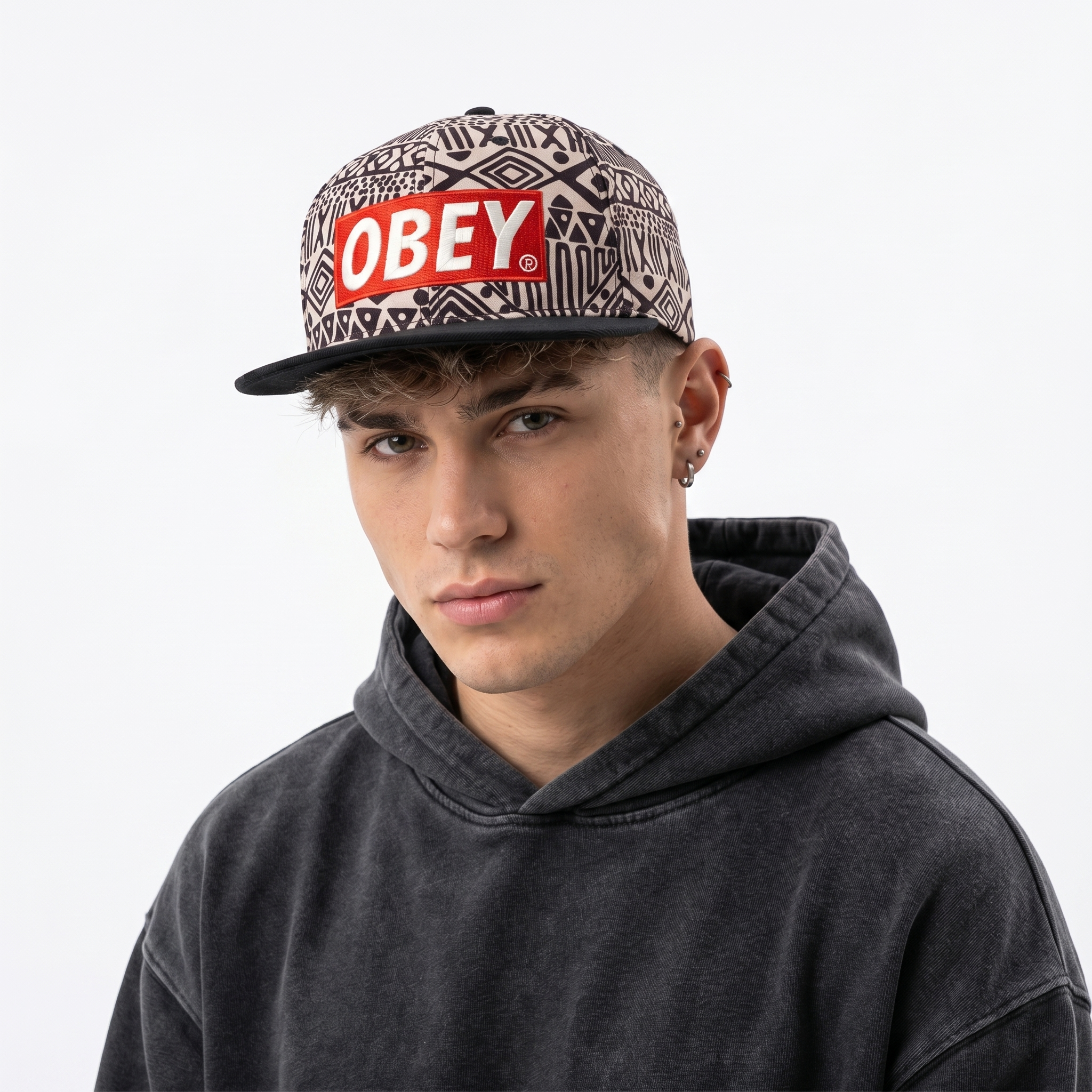 Thrifted Obey Geometric Aztec Print Hat | Black Flat Brim