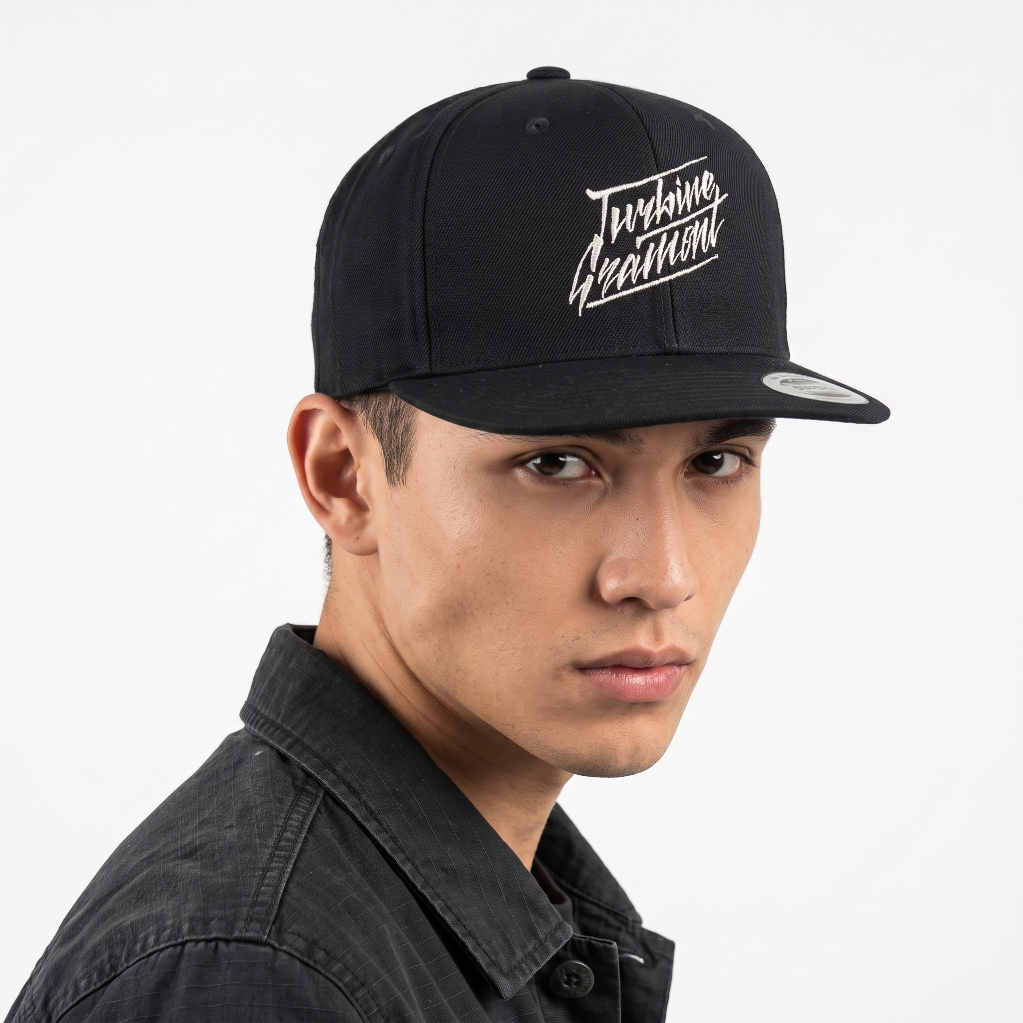 Vintage Turbine Gramont Script Snapback Hat | Black Yupoong Flat Brim Cap