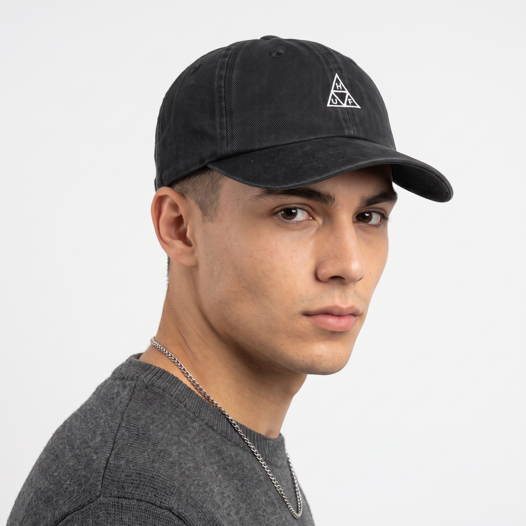 HUF Worldwide Triple Triangle Logo Baseball Cap - Black Washed Cotton Hat