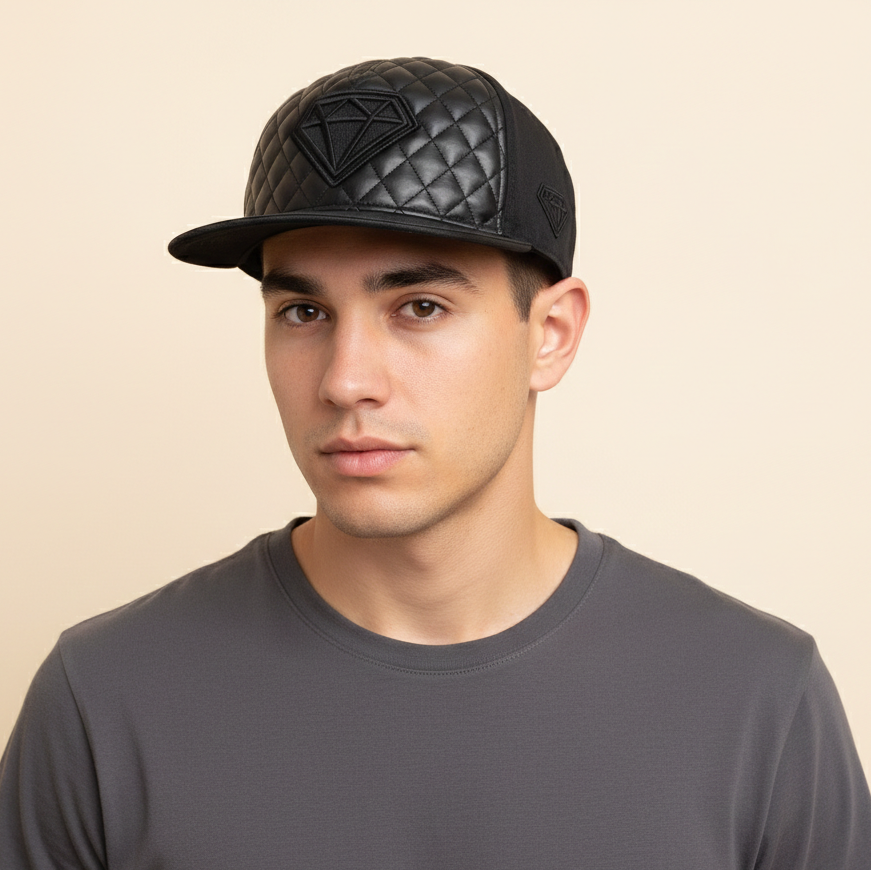 Luxury Quilted Faux Leather Streetwear Thrifted Cap | Black Diamond Series
