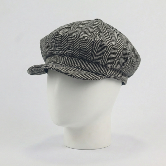 Vintage Herringbone Newsboy Thhrifted Cap - Classic Grey Tweed Flat Hat