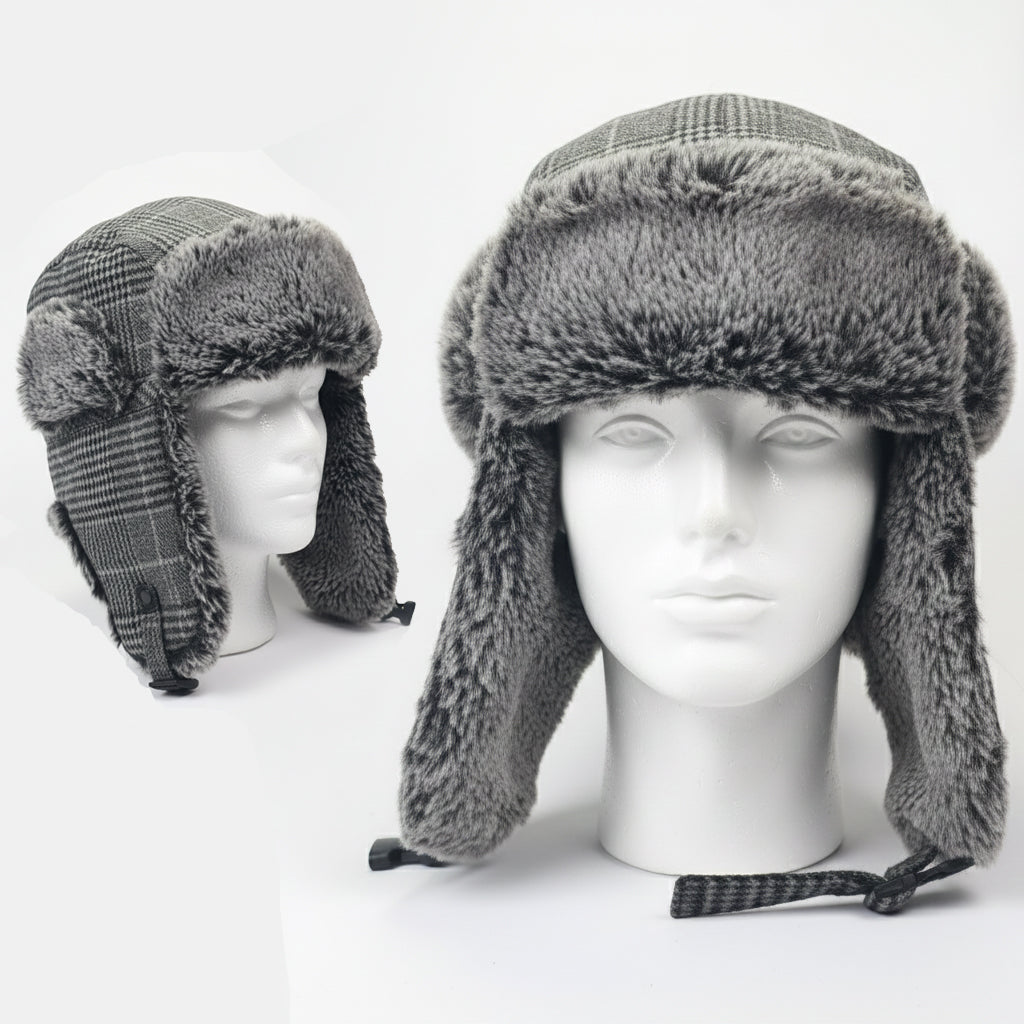 El Stinko Grey Plaid Trapper Hat with Faux Fur - Winter Earflap Cap