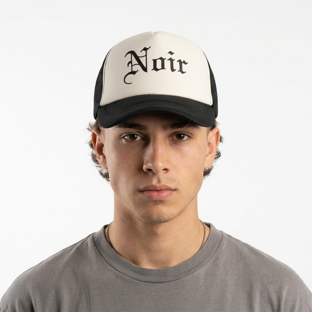 Thrifted Noir Old English Font Black & Off-White Mesh Snapback Hat | 10802