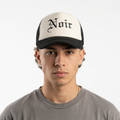Thrifted Noir Old English Font Black & Off-White Mesh Snapback Hat | 10802