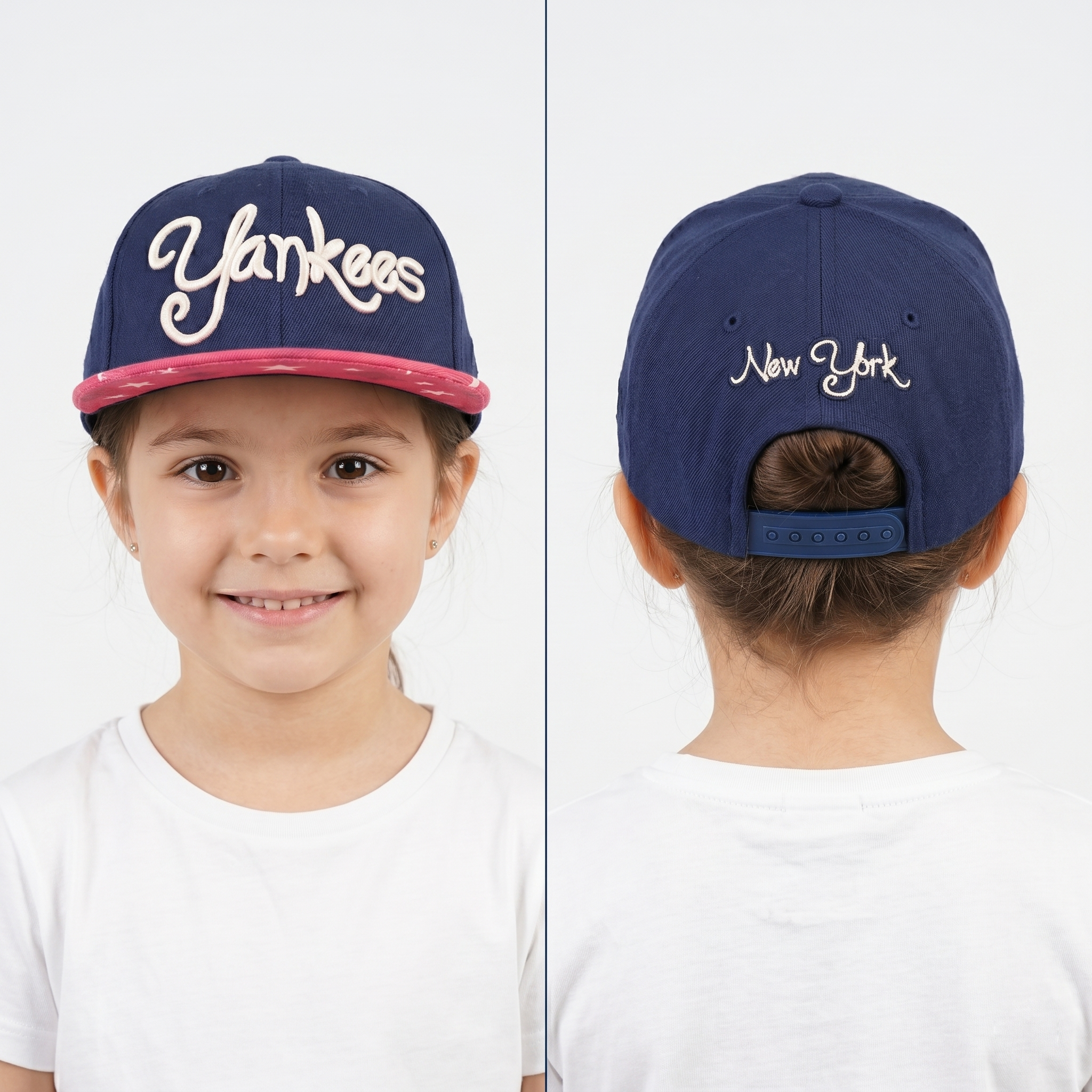New York Yankees Embroidered Star Brim Cap - Navy Blue/Pink Snapback