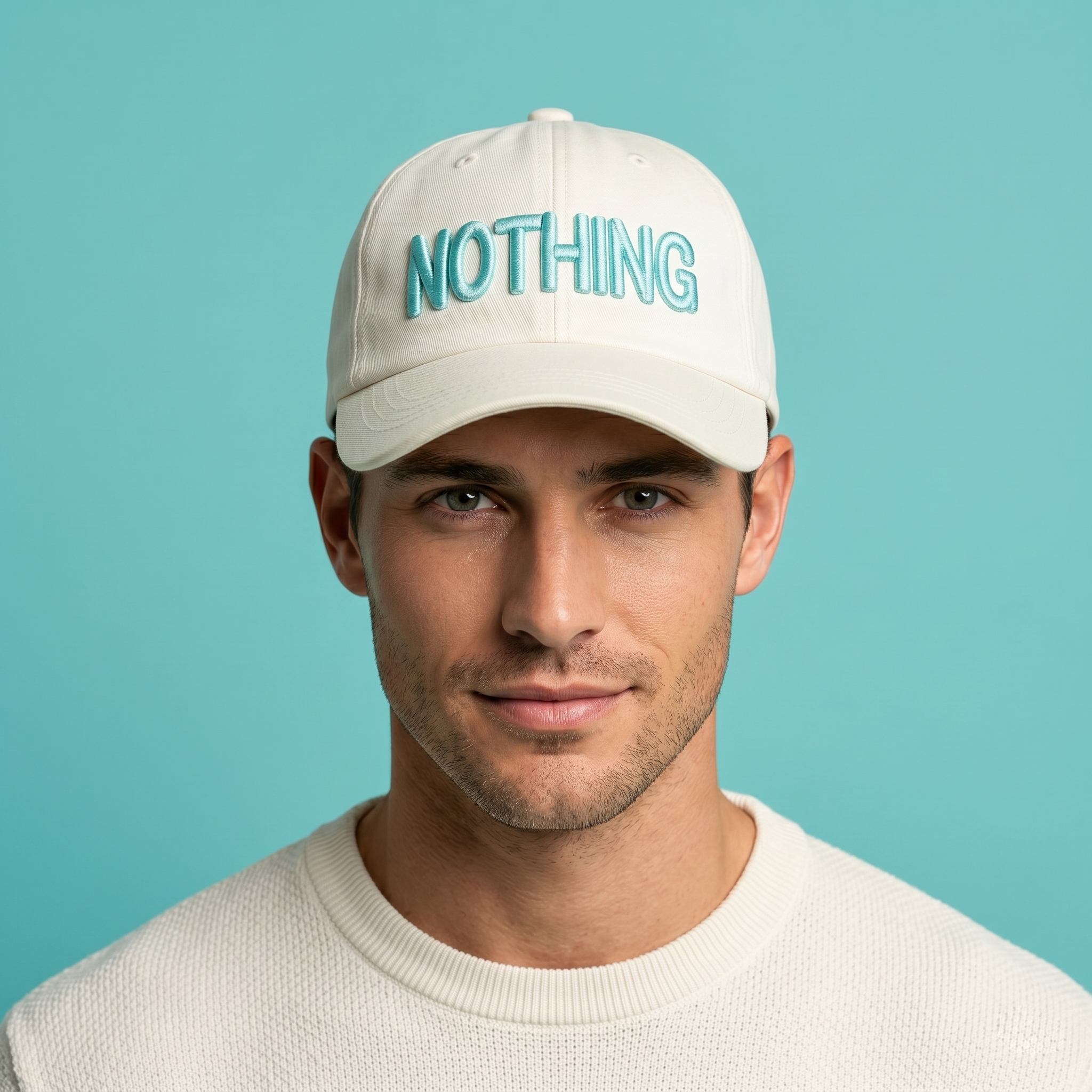 Minimalist "NOTHING" Aesthetic Baseball Cap – Cream & Teal Streetwear