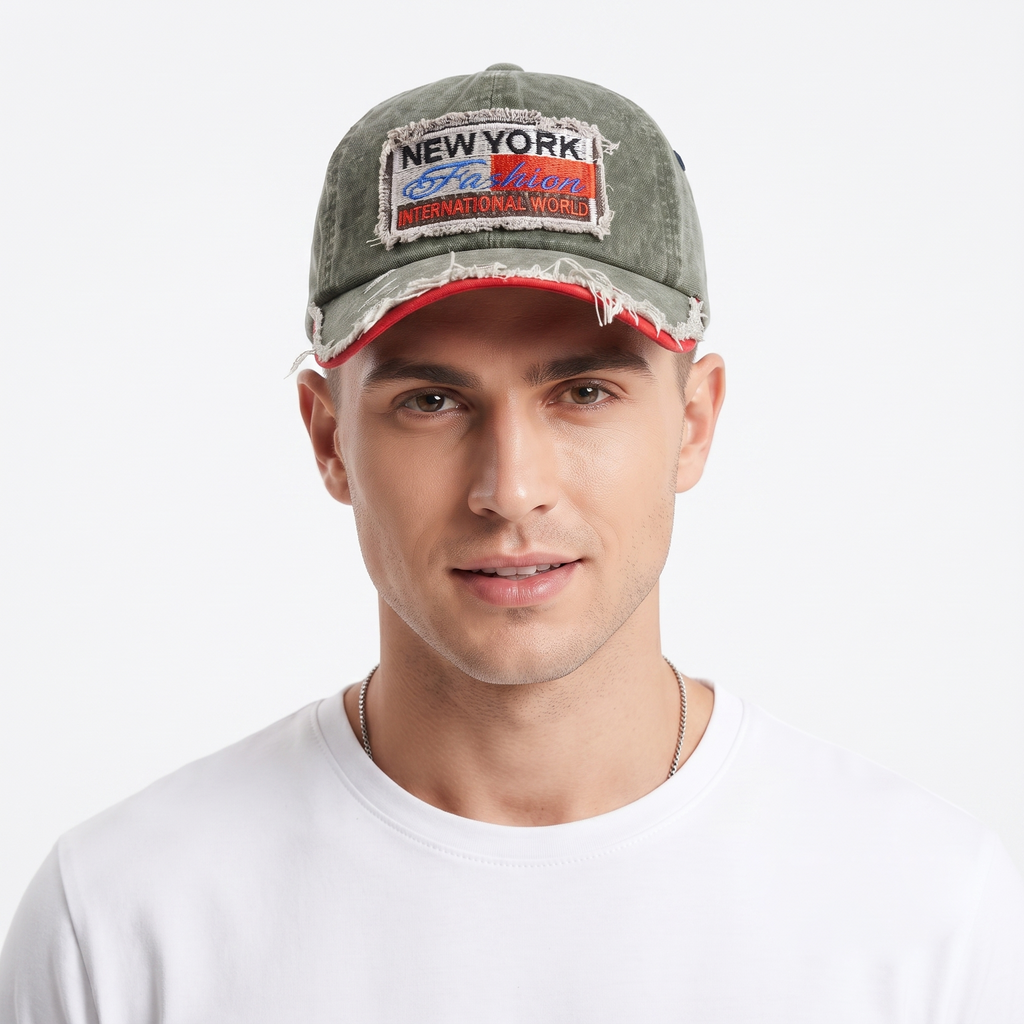 Distressed New York Fashion Strapback Hat (Olive Green, 57-59cm)