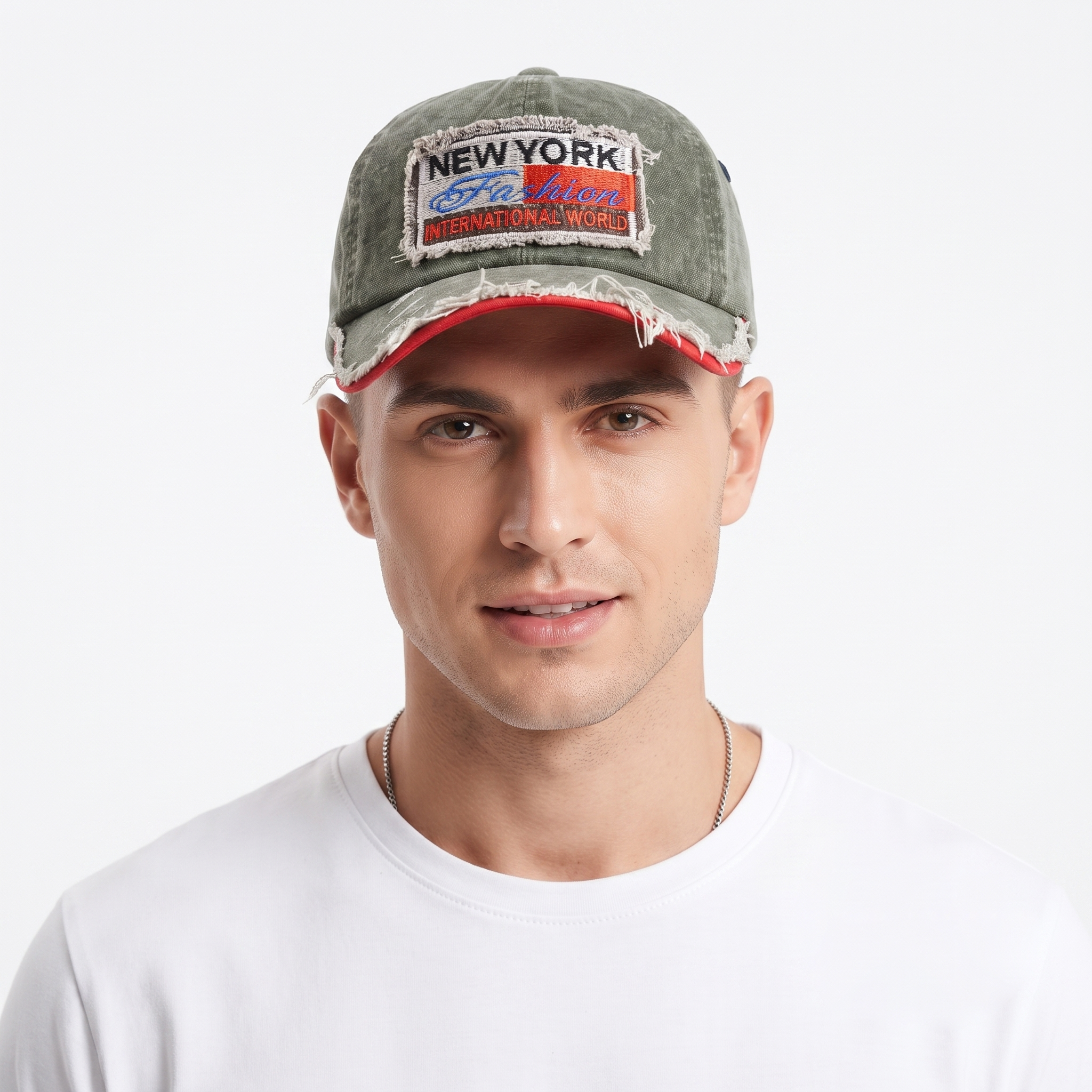 Distressed New York Fashion Strapback Hat (Olive Green, 57-59cm)