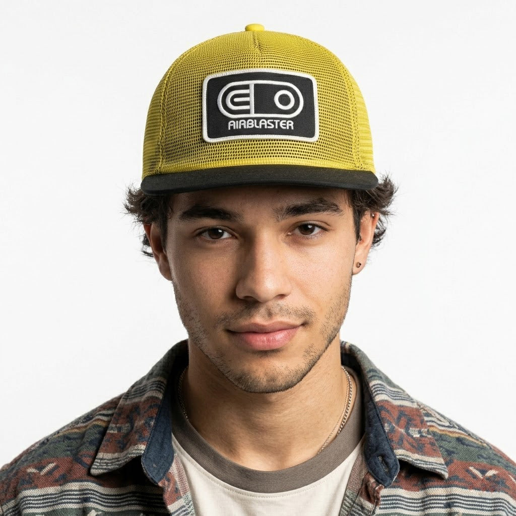 Vintage Airblaster Logo Patch Trucker Cap - Yellow & Black Mesh Hat