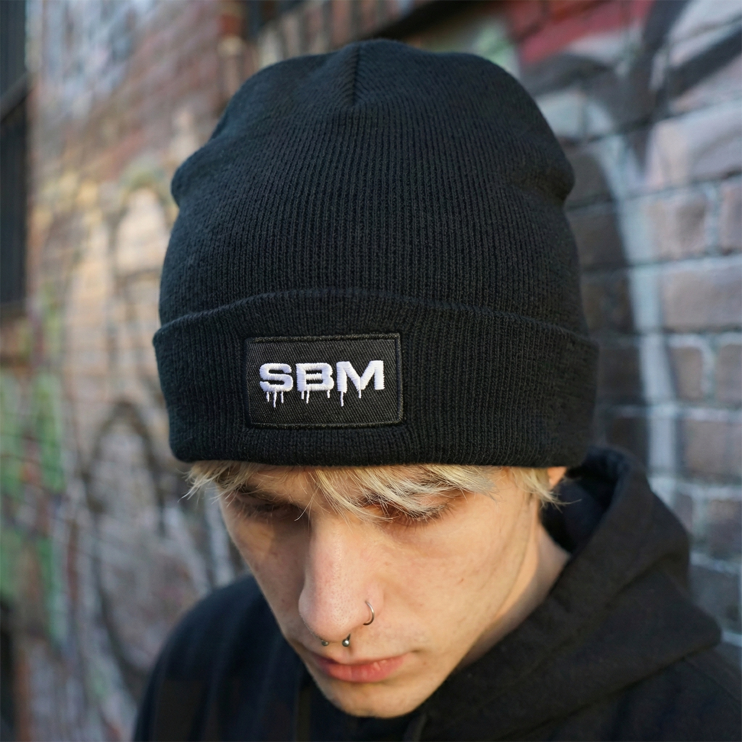 SBM Esthetic Streetwear Thrifted Black Beanie with Dripping Logo Patch - Made in Poland