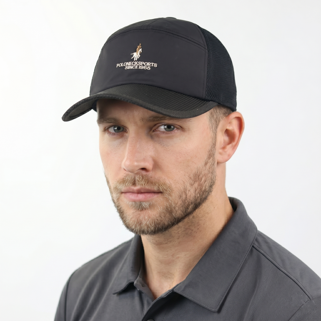 Vintage Poloneck Sports "Since 1955" Trucker Thrifted Cap - Black Technical Mesh