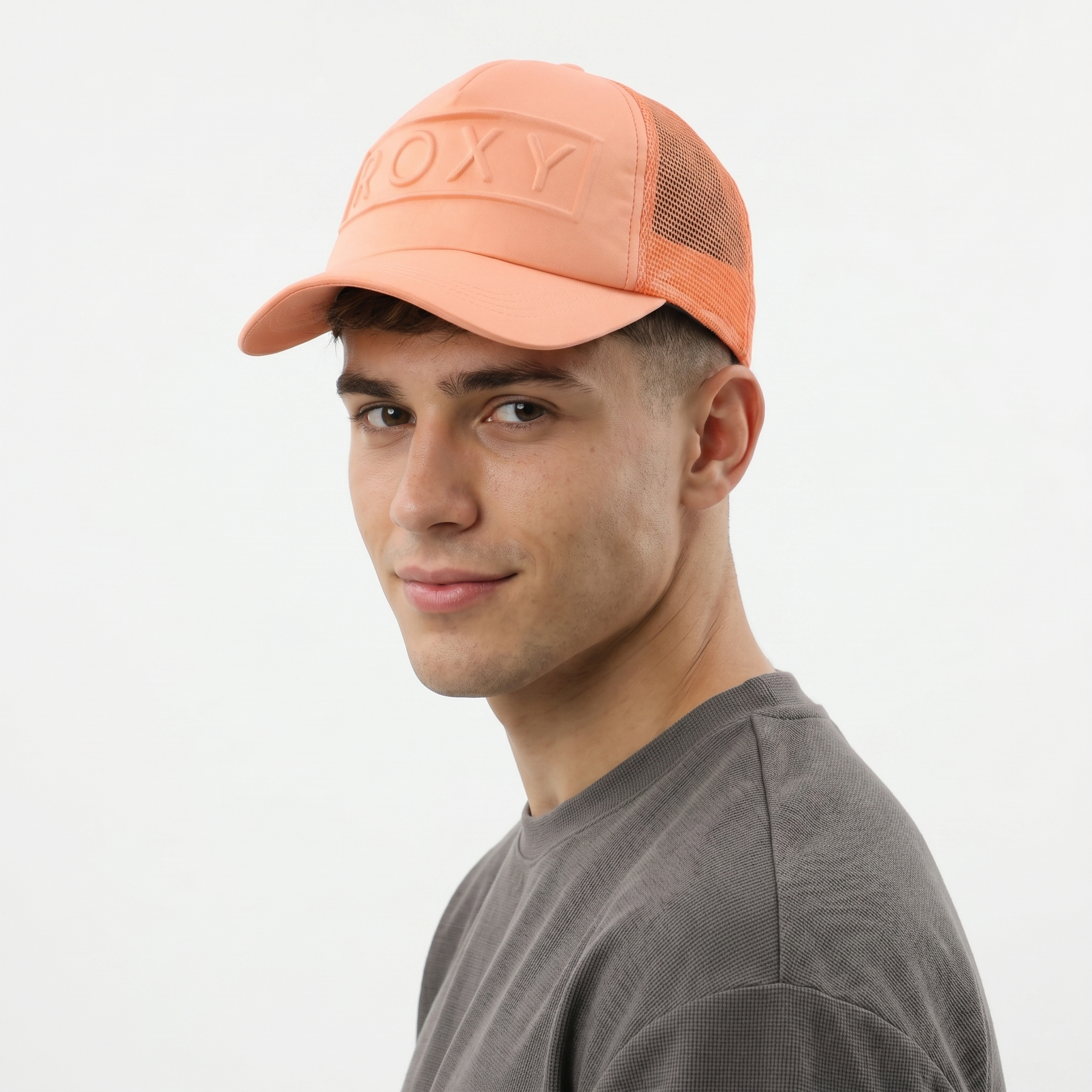 Roxy Embossed Box Logo Trucker Cap - Coral Pink Beach Surf Hat