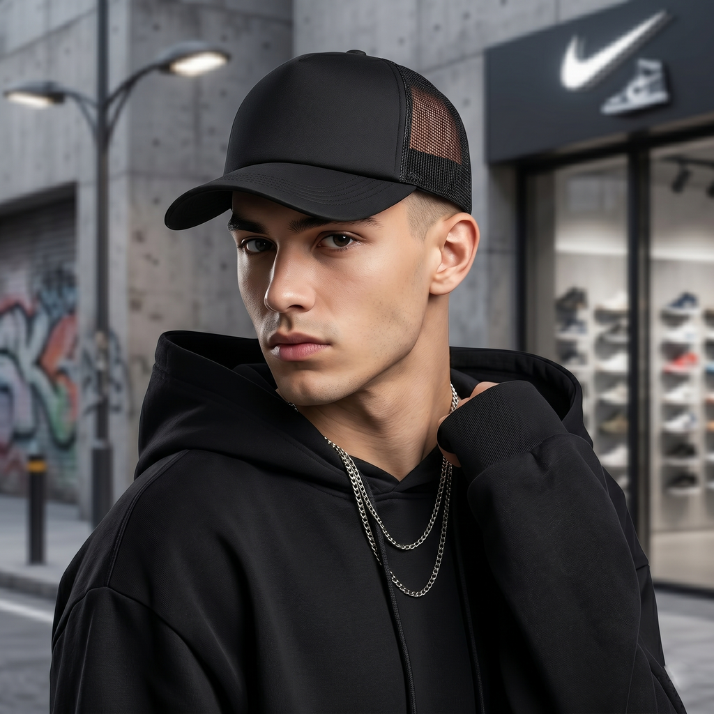 HOWN Korean Streetwear Blank Mesh Trucker Hat - Triple Black