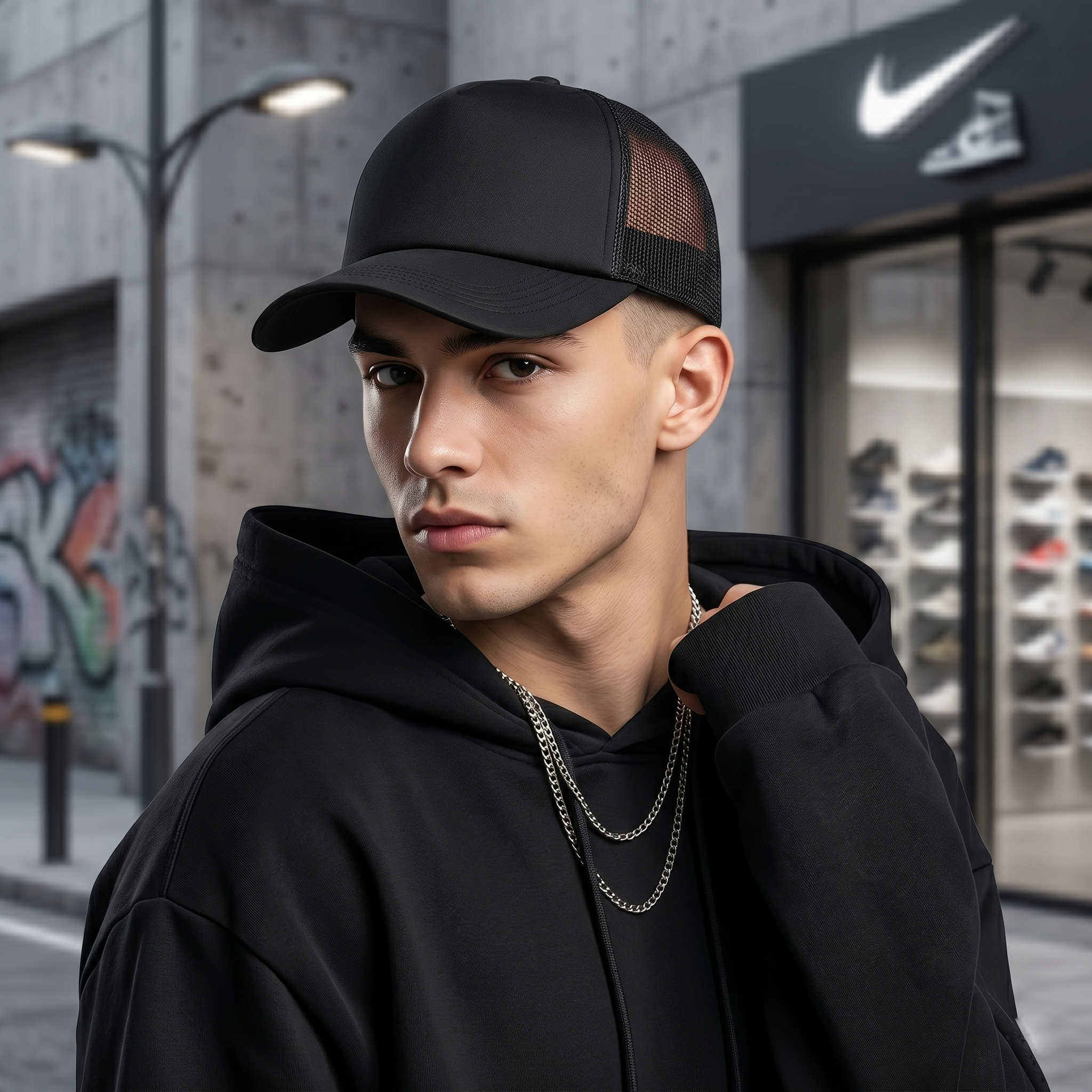 HOWN Korean Streetwear Blank Mesh Trucker Hat - Triple Black