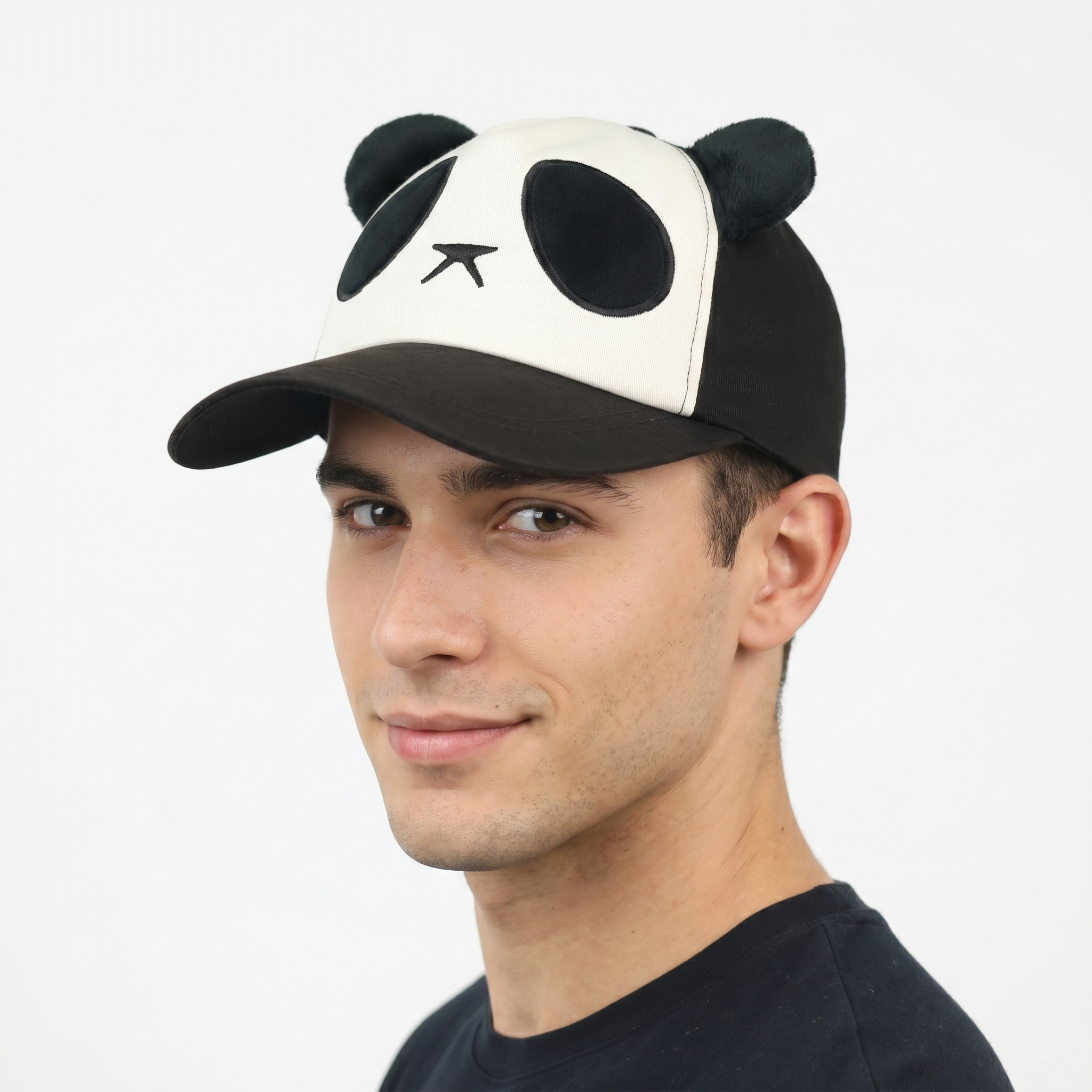 Cute Panda Face Baseball Cap with Plush Ears | Black & White Unisex Hat