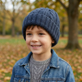 Navy Blue Fuzzy Cable Knit Beanie | Soft Angora-Style Winter Hat | Youth/Teen Size (12-16Y)