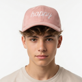 Pastel Pink Faux Suede Happy Script Embroidered Baseball Cap