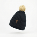 FURTALK Black Ribbed Knit Thrifted Beanie with Tan Faux Fur Pom Pom