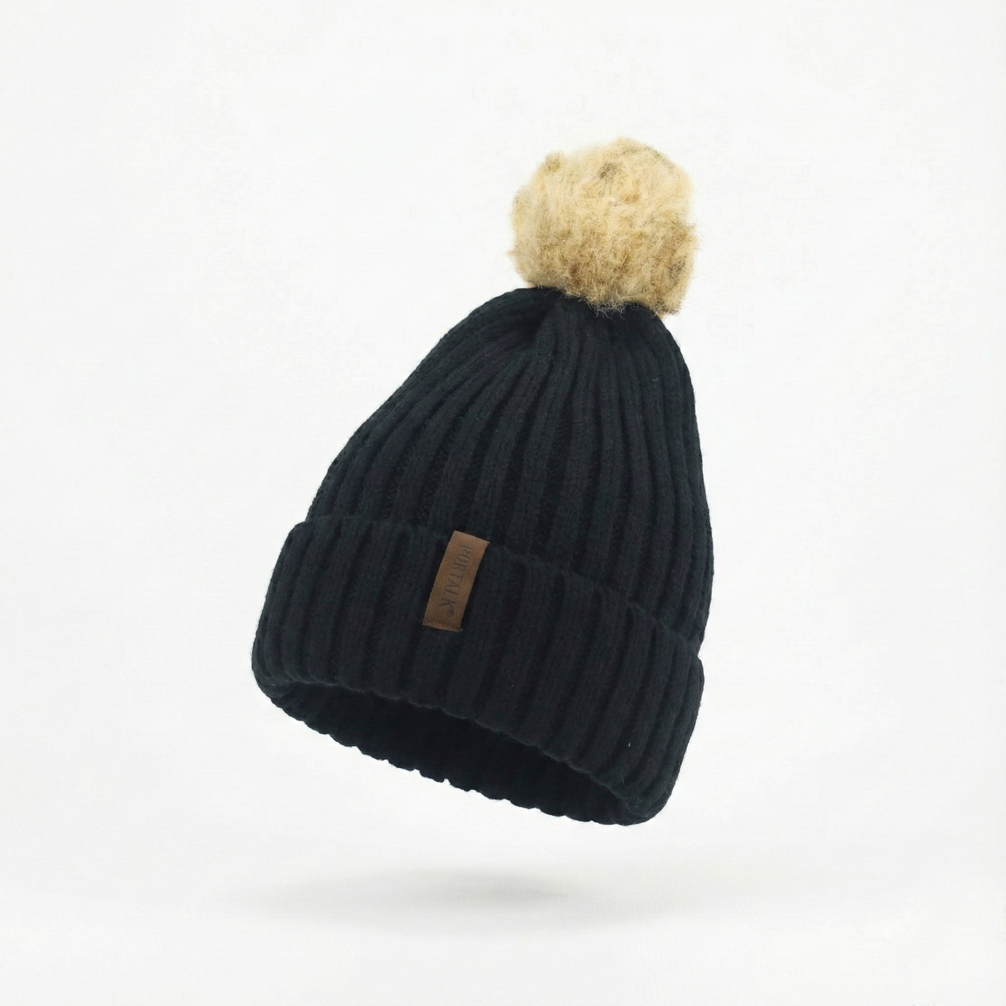 FURTALK Black Ribbed Knit Thrifted Beanie with Tan Faux Fur Pom Pom