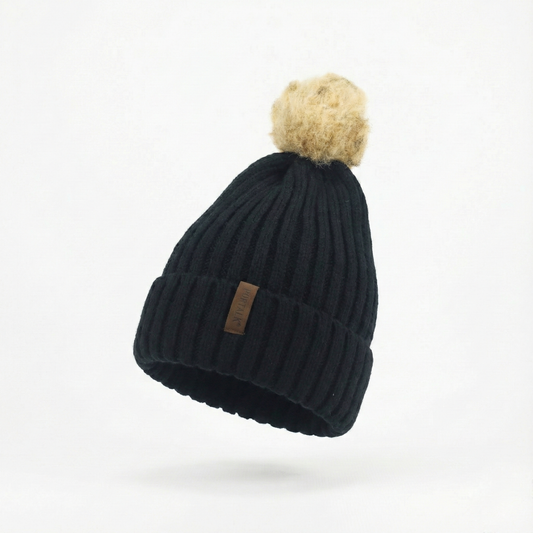 FURTALK Black Ribbed Knit Thrifted Beanie with Tan Faux Fur Pom Pom