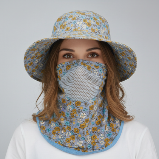 Blue Floral Wide-Brim Hat with Detachable Face & Neck Cove