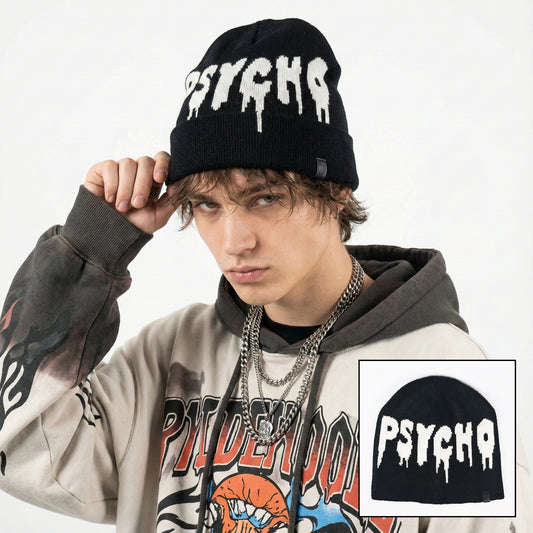 Edgy Black "PHYSCO" Black Thrifted Beanie - Gen Z Streetwear Knit Cap