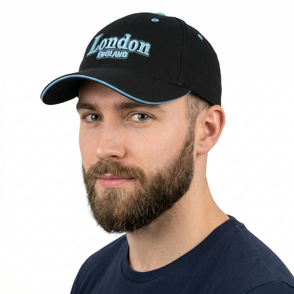 Vintage London England Souvenir Thrifted  Baseball Cap - Black & Cyan