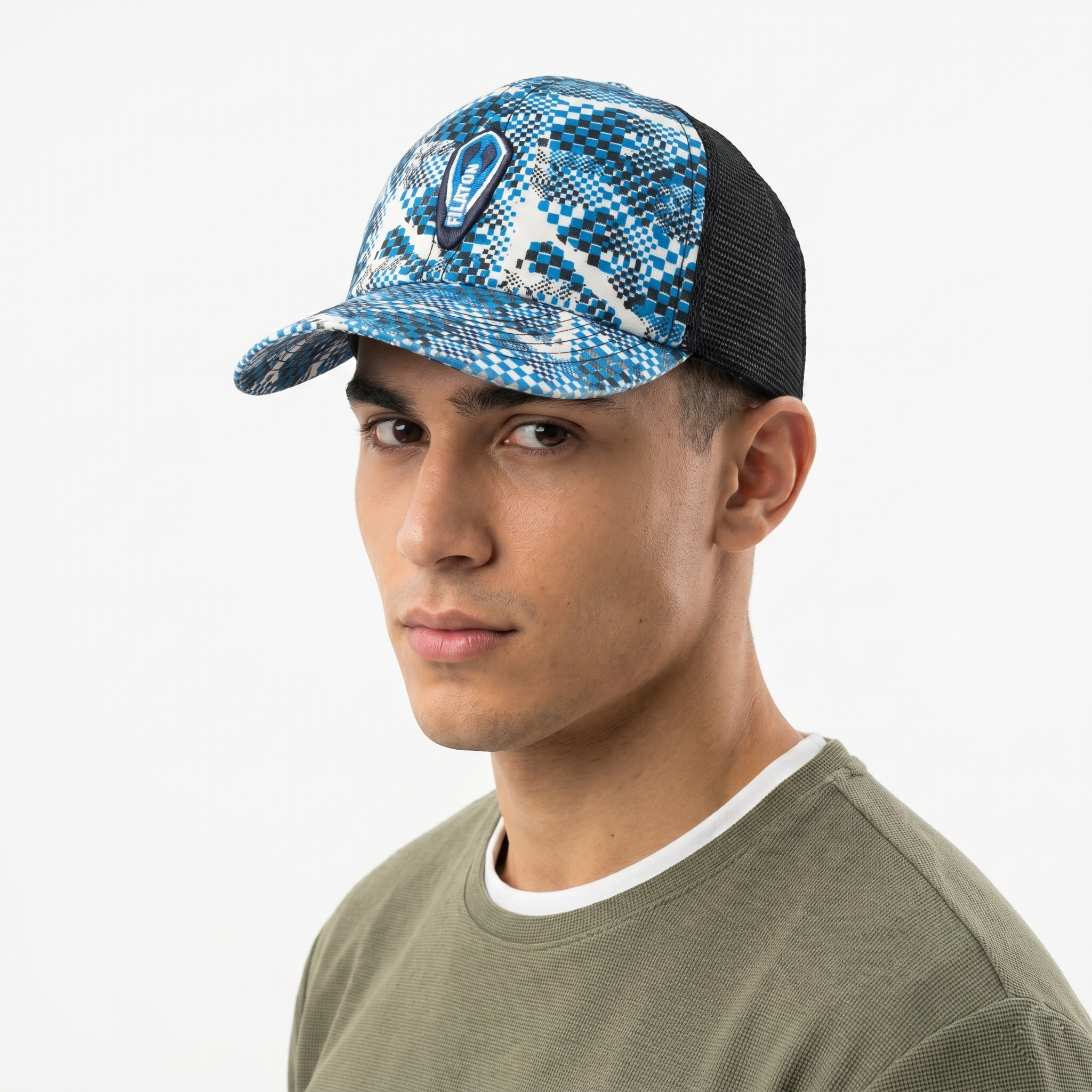 Thrifted Filaton Checker Print Black Mesh Trucker Cap