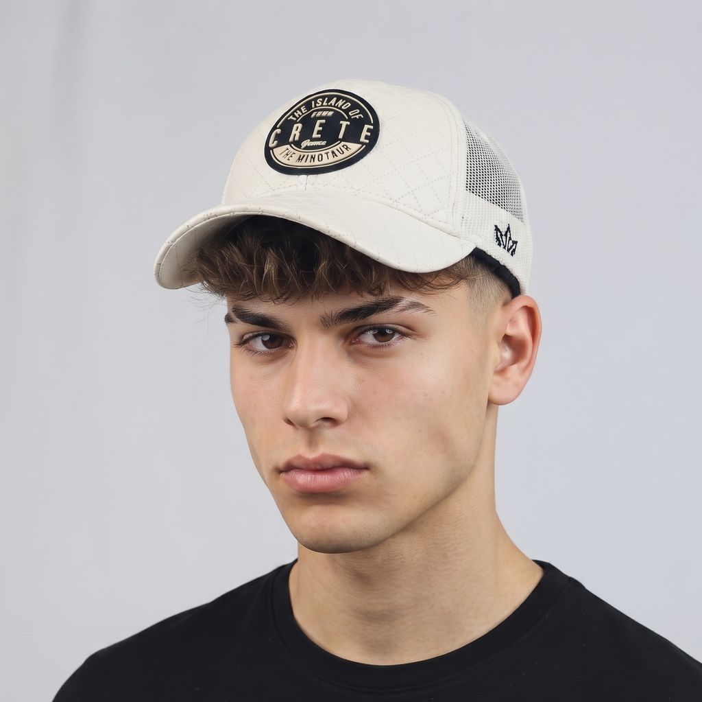 Thrifted Essencial Caps Crete Minotaur Quilted Off-White Trucker Hat