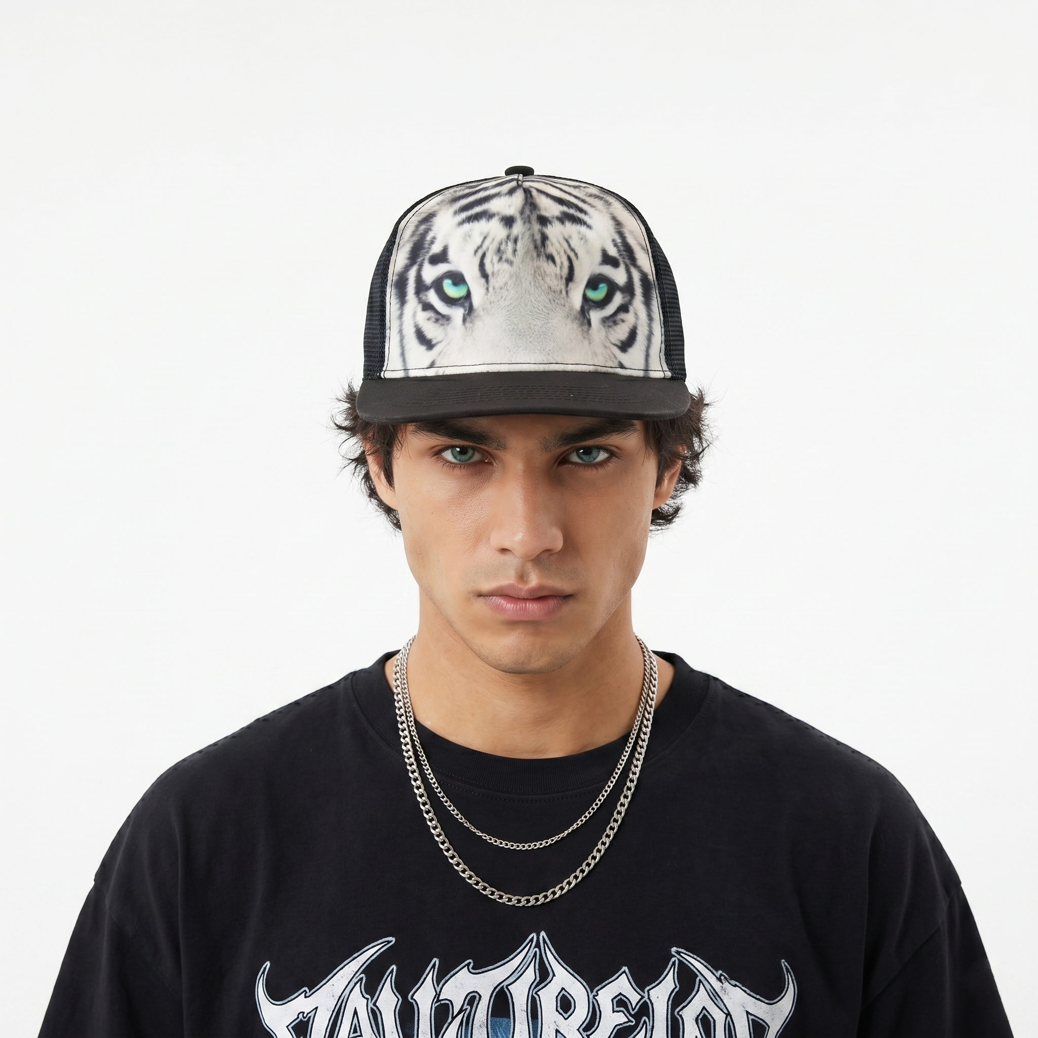 Vintage Page One White Tiger Print Trucker Cap - Black Mesh Snapback