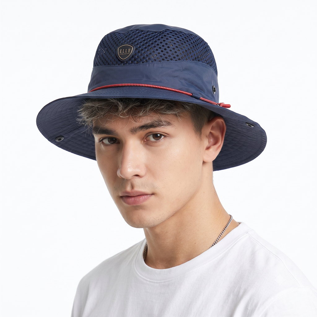 Thrifted Basic Elle Navy Mesh Vent Boonie Hat with Chinstrap - Size 58cm