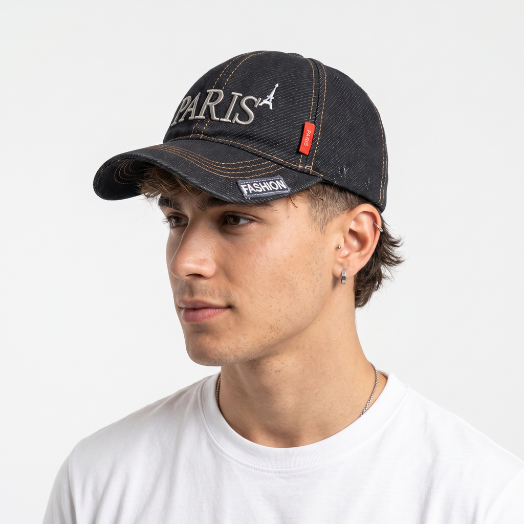 Vintage Paris Denim Strapback Hat | Thrifted Dark Blue Embroidered Eiffel Tower Cap