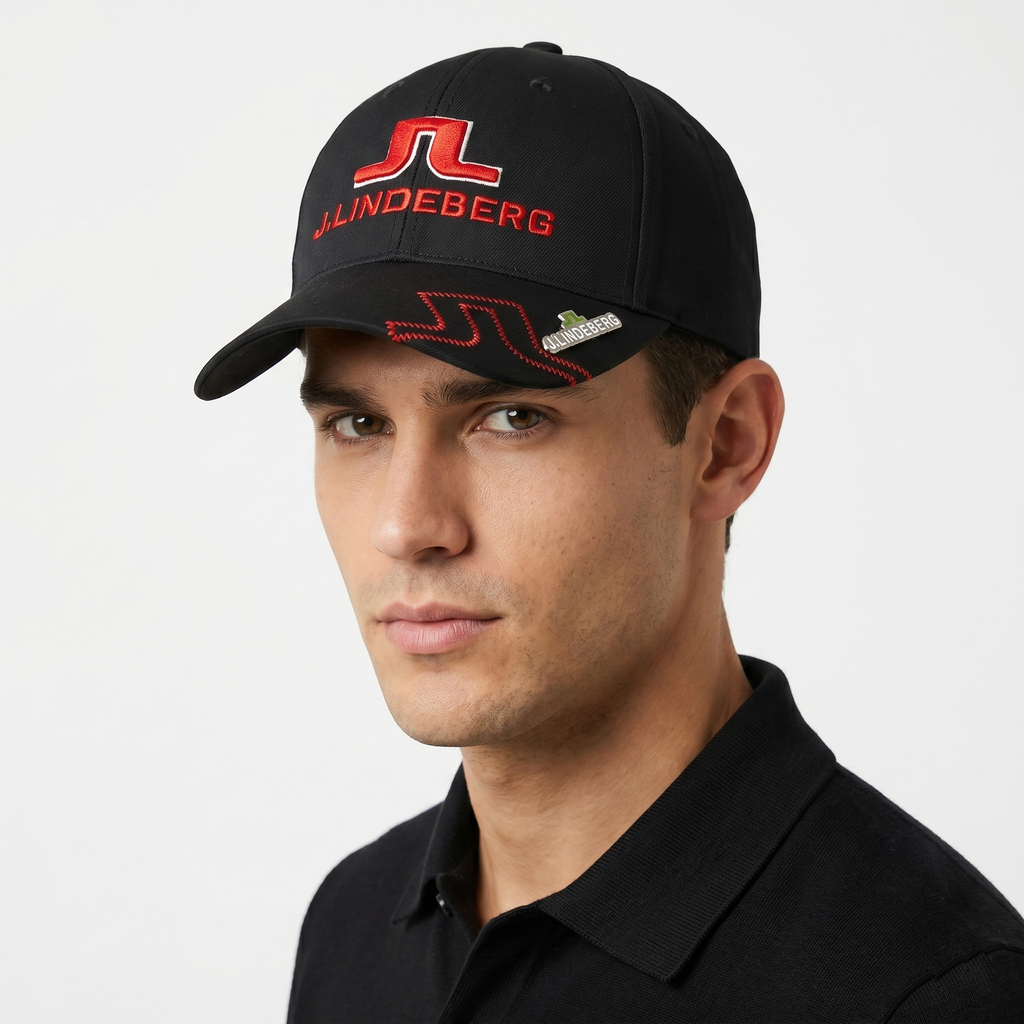 J.Lindeberg Embroidered Logo Golf Hat - Black Cap with Red Thrifted Cap