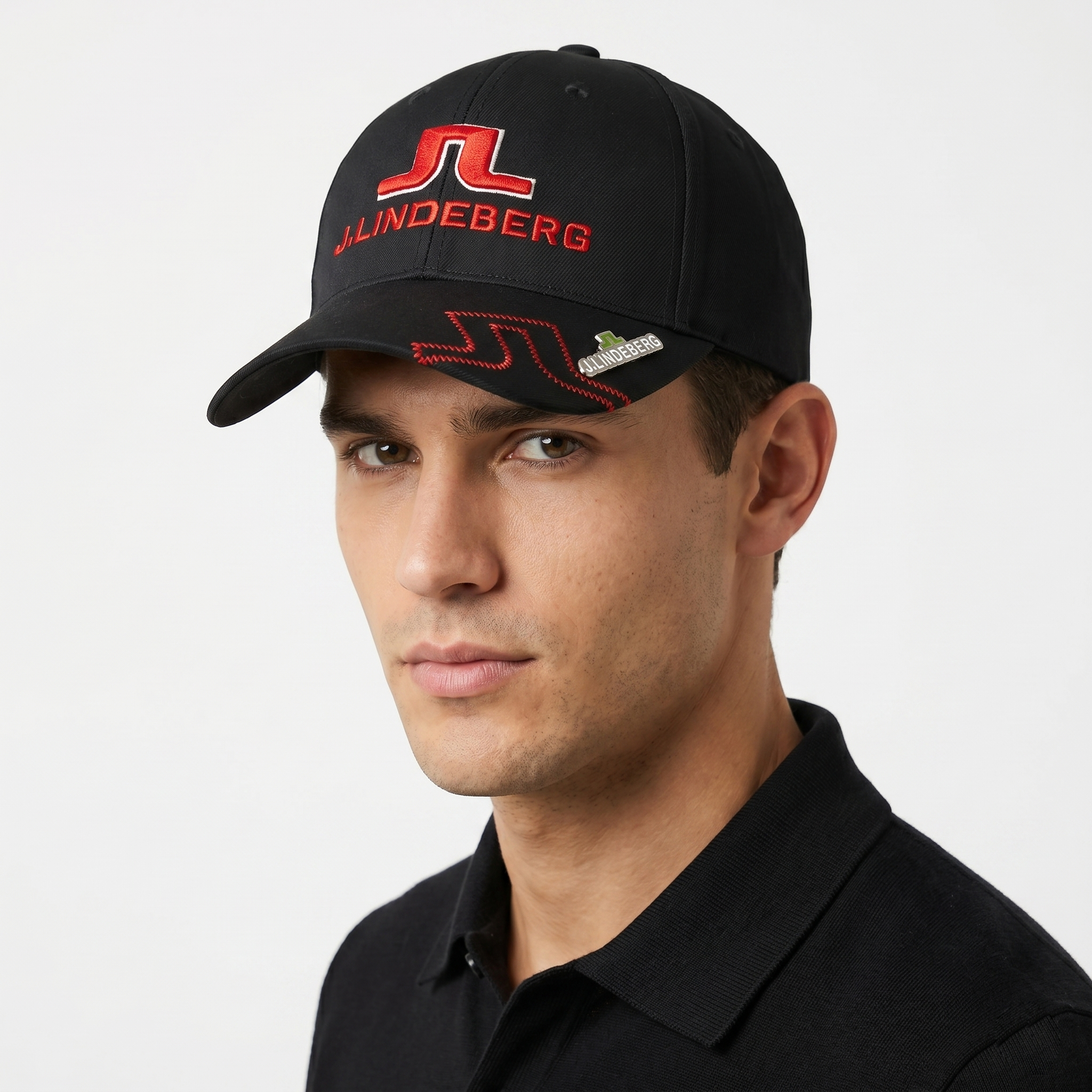 J.Lindeberg Embroidered Logo Golf Hat - Black Cap with Red Thrifted Cap