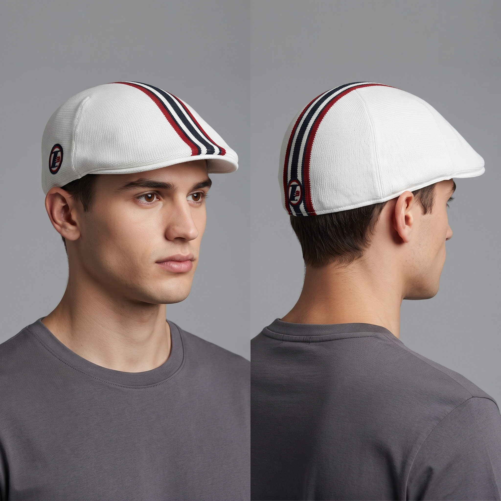 Thrifted Off-White Tricolor Striped Knit Ivy Newsboy Cap - Size 58cm
