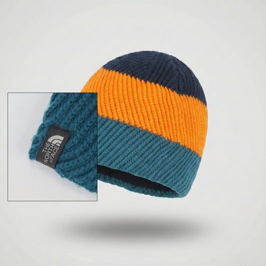 The North Face Kids Tri-Color Knit Thrifted Beanie - Navy, Orange & Teal Winter Hat (6-10 Years)