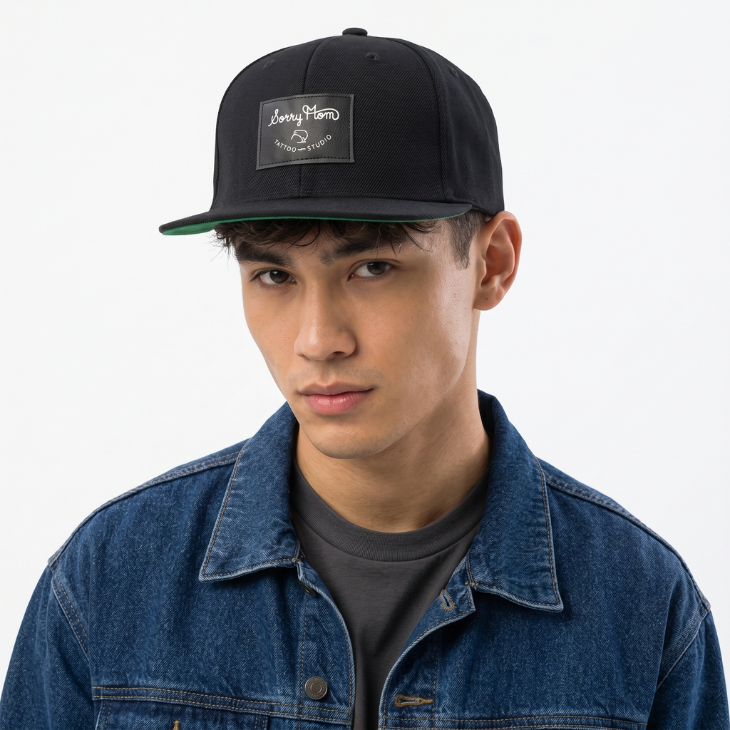 Thrifted Black Sorry Mom Tattoo Hat | Green Underbrim Snapback