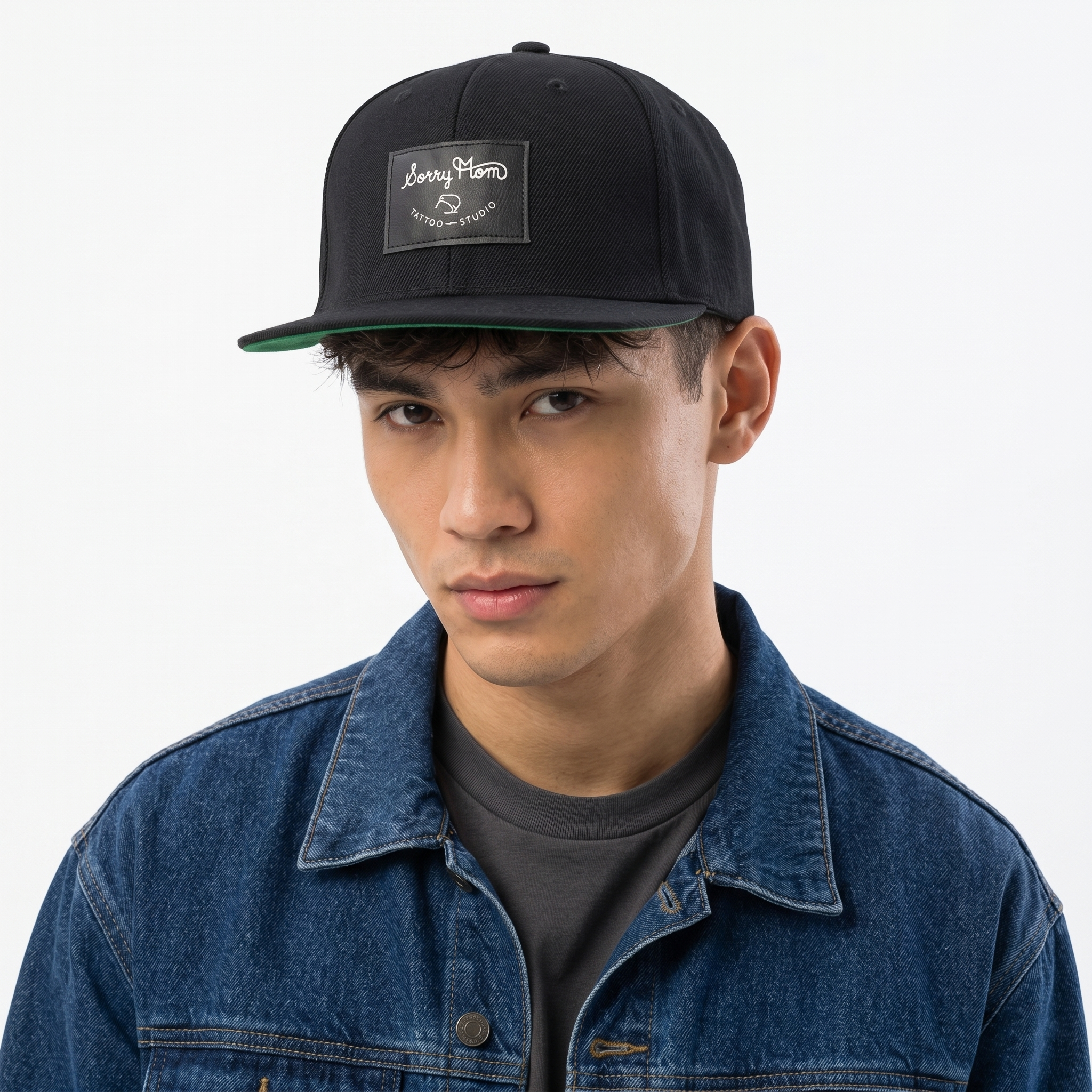 Thrifted Black Sorry Mom Tattoo Hat | Green Underbrim Snapback