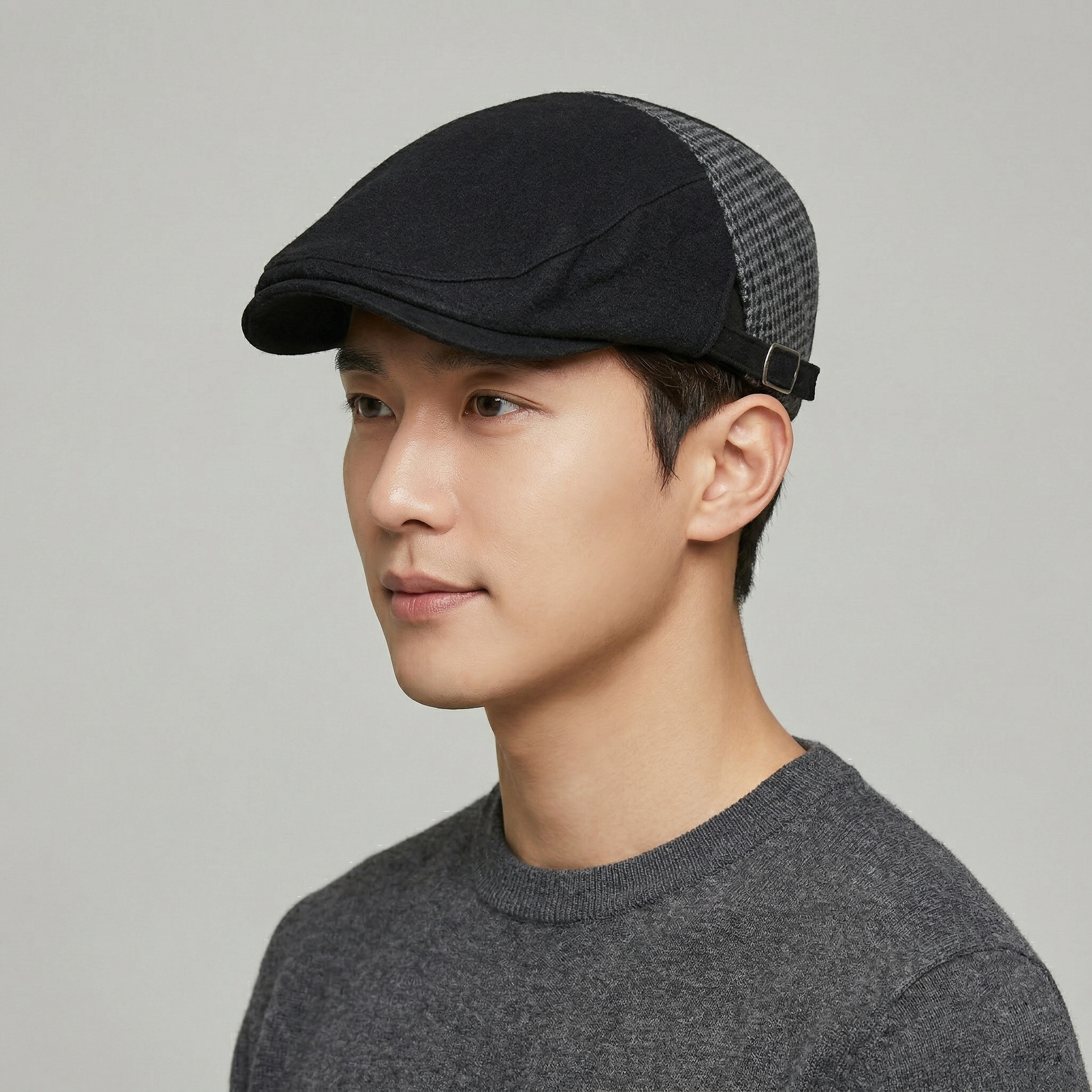 Vintage Mixed Pattern Newsboy Thrifted Cap - Adjustable Black Wool Blend Hat