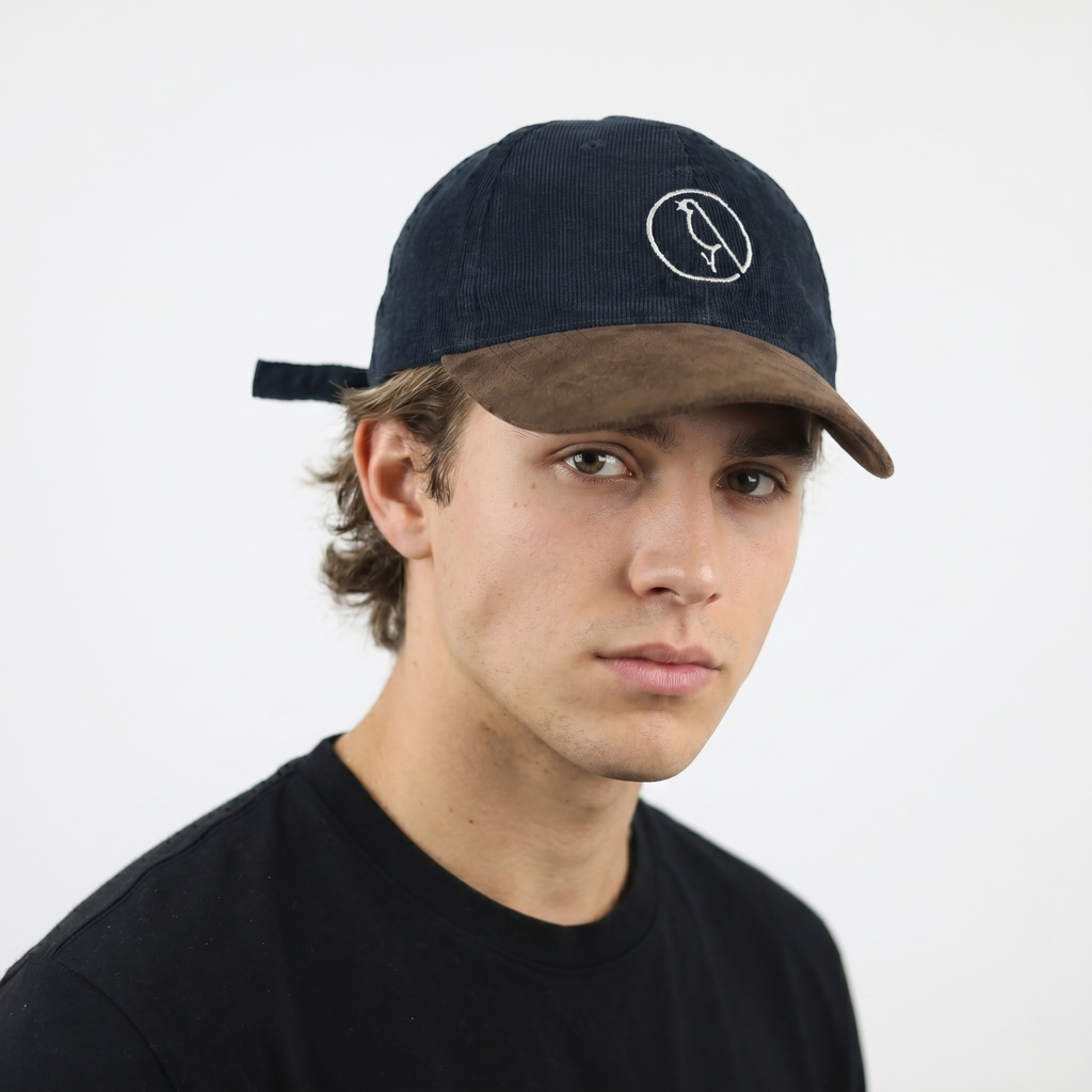 Thrifted Navy Blue Corduroy Cap | Brown Faux Suede Brim