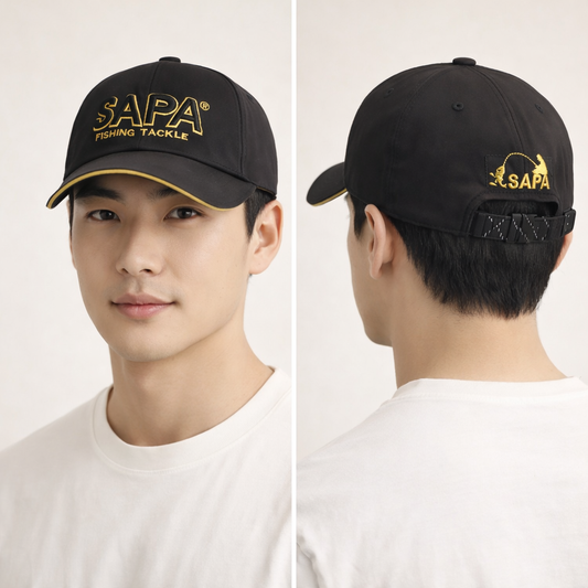 SAPA Outdoor Sport Fishing Thrifted Cap - Black Performance Fabric with Rope Strap