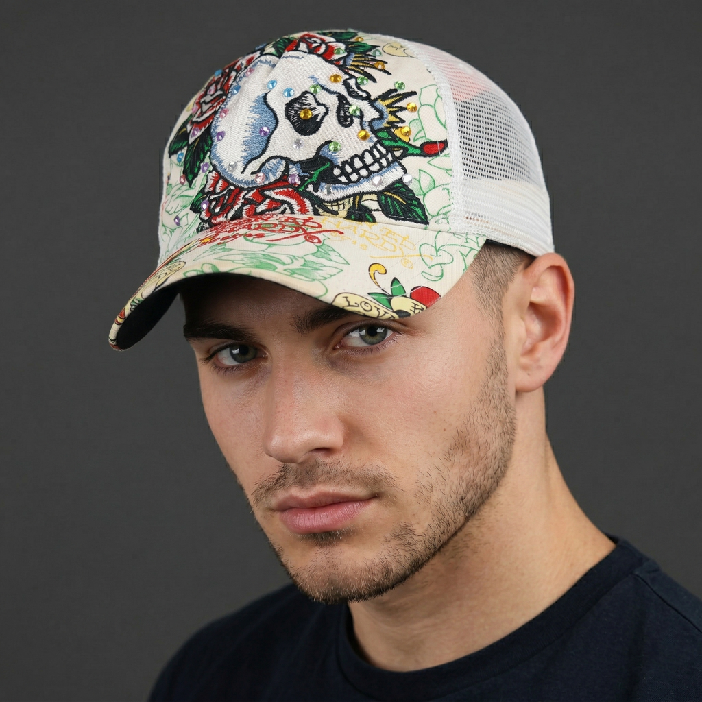 Vintage Ed Hardy Rhinestone Skull Trucker Hat - Cream/White