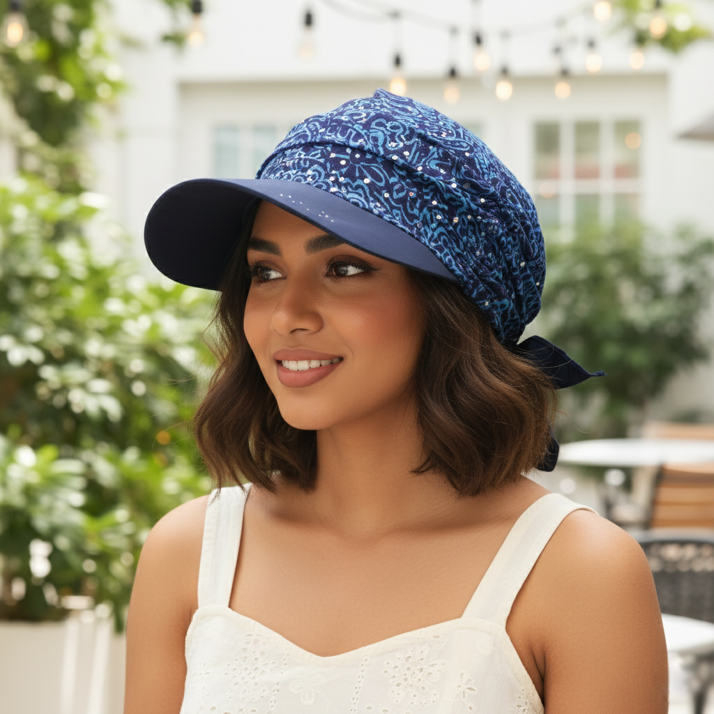 Rhinestone Scarf Visor Cap - Blue Paisley
