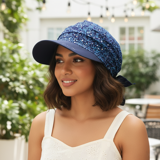 Rhinestone Scarf Visor Cap - Blue Paisley