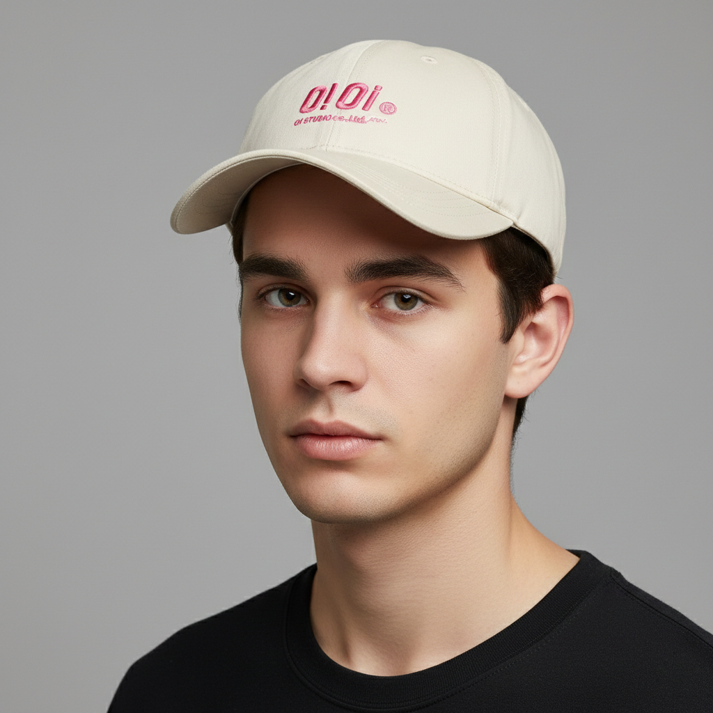Authentic O!Oi Studio Beige Thrifted Baseball Cap - Pink Embroidered Logo Hat