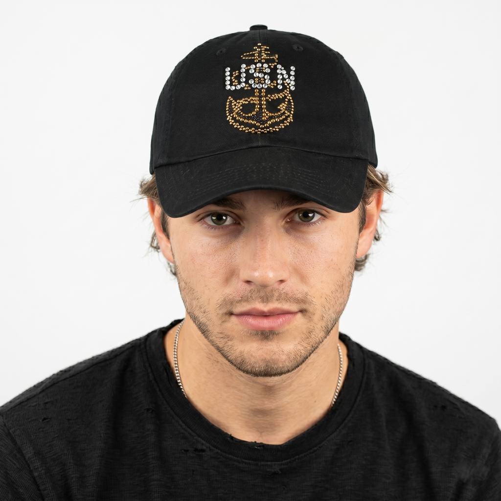 Thrifted US Navy Bedazzled Crystal Black Dad Hat
