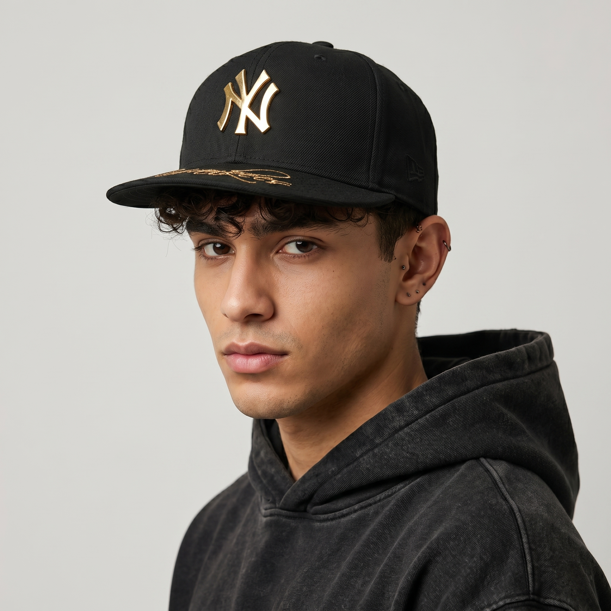 Thrifted NY Yankees Metal Logo Cap | Gold Spellout Snapback